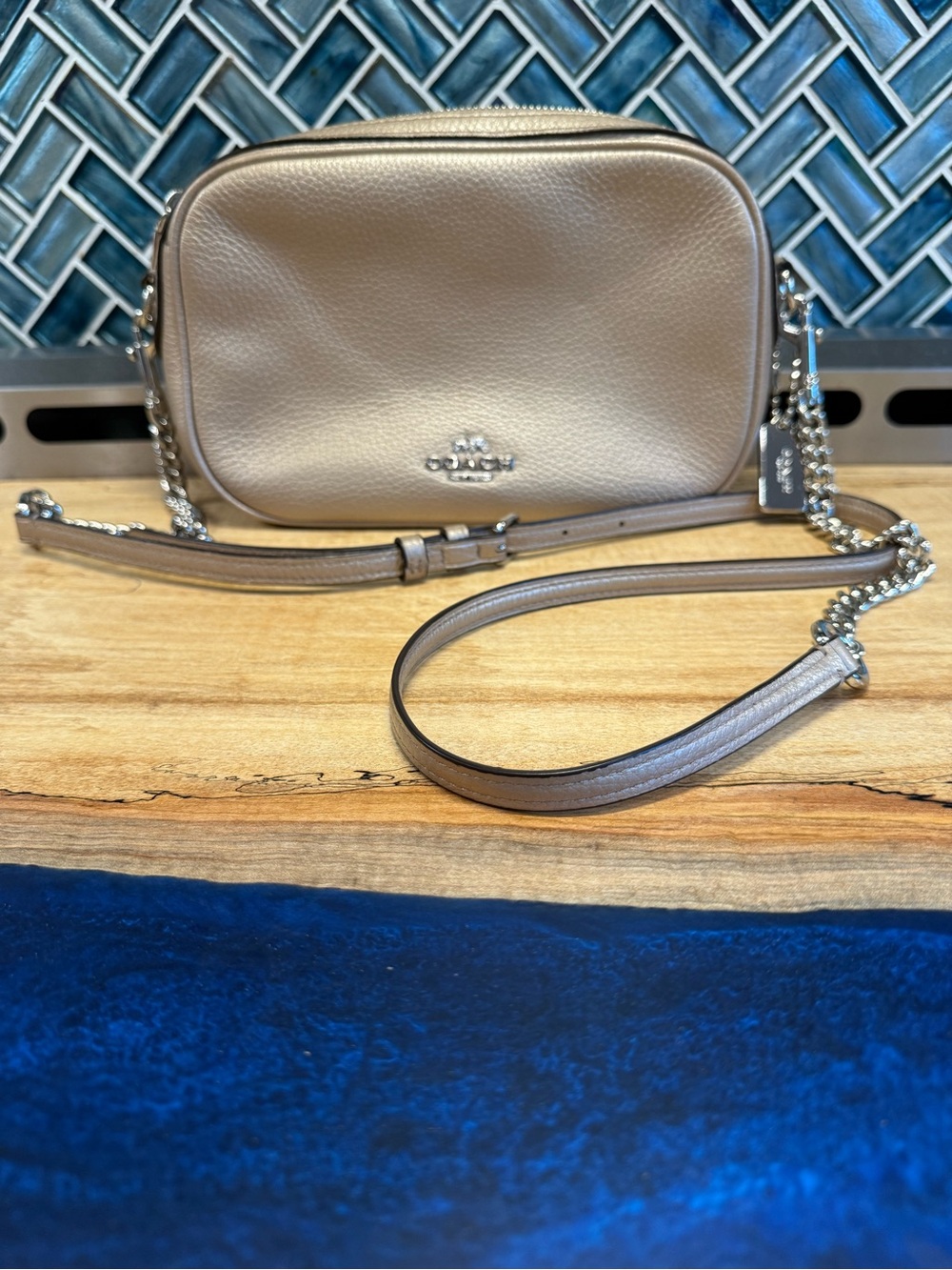 Coach Charles Metallic Taupe Pebbled Leather Crossbody with metal tag